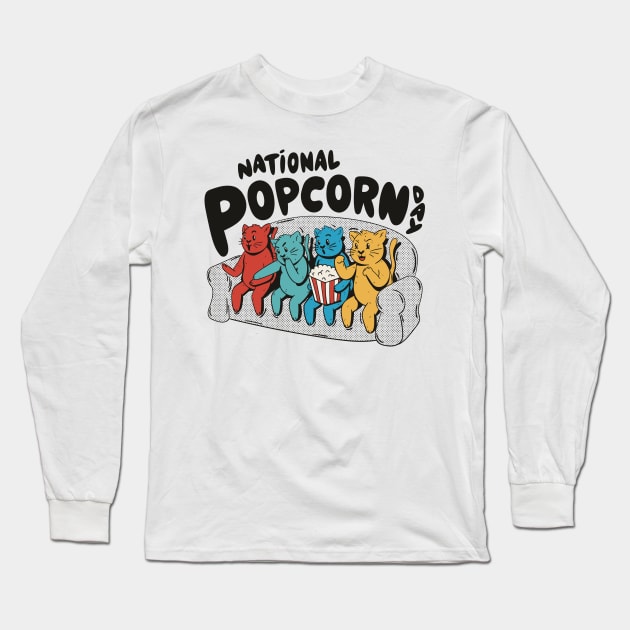 Cats Watching Movie With Popcorn Long Sleeve T-Shirt by nmcreations